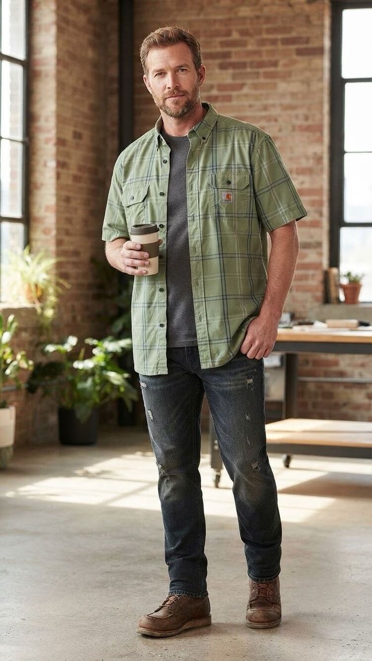 Carhartt Green Plaid Short Sleeve Button Down Shirt Loose Fit 2XL Men's Workwear